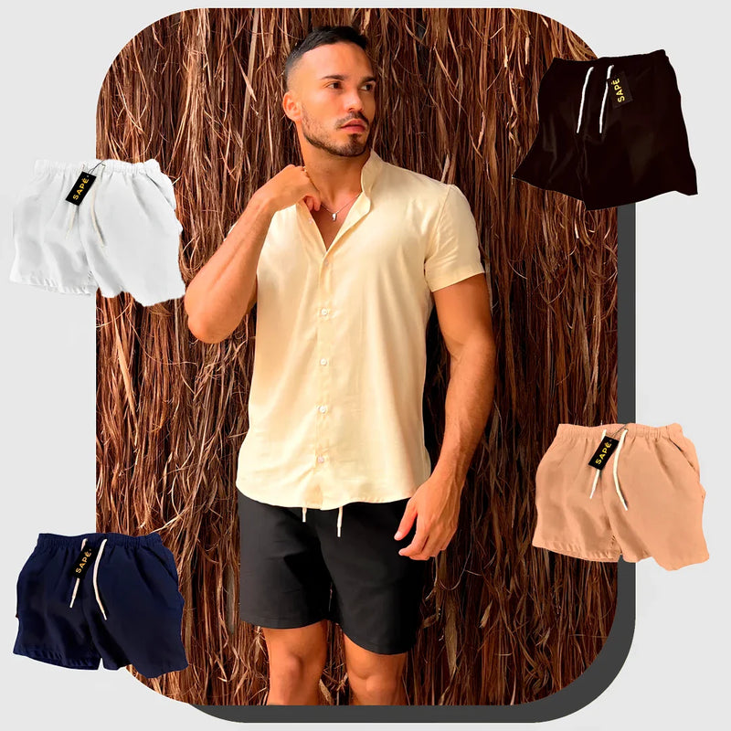 [Pague 2, Leve 4] Kit Shorts Sarê de Linho e Viscose + BRINDES: 4 Cuecas Respiráveis, Relógio e Óculos