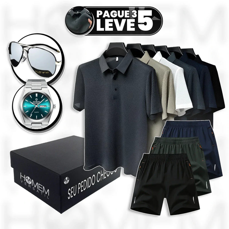 [Pague 3, Leve 5] Kit de Camisas Polo de Seda Gelo Brave + BRINDES: 3 Bermudas, Óculos e Relógio