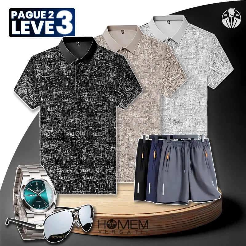 [Pague 2, Leve 3] Kit de Camisas Polo Vex Texturizada de Seda Gelo + BRINDES: 3 Bermudas, Relógio e Óculos