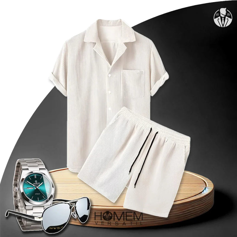 Kit Conjunto West com Camisa e Shorts com Textura em Linho e Lã + BRINDES: Relógio e Óculos