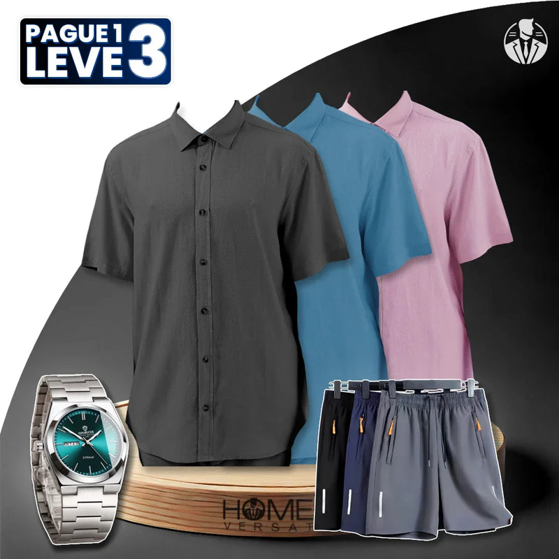 [Pague 1, Leve 3] Kit Camisas Davin Respiráveis em Viscose e Linho + BRINDES: 3 Bermudas e Relógio