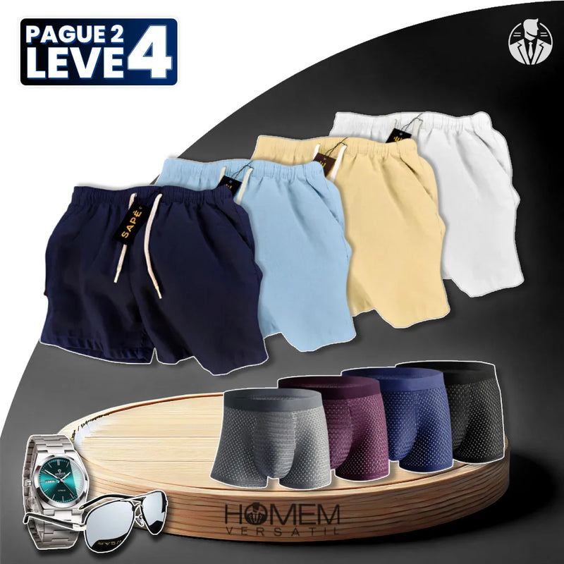 [Pague 2, Leve 4] Kit Shorts Sarê de Linho e Viscose + BRINDES: 4 Cuecas Respiráveis, Relógio e Óculos