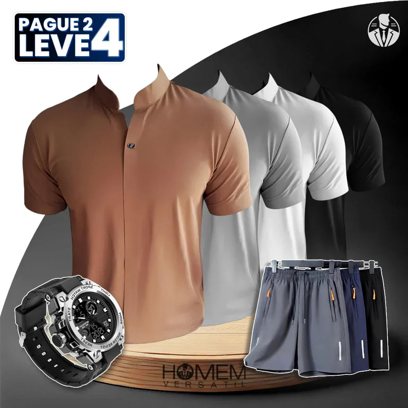 [Pague 2, Leve 4] Camisa Polo Casual Domirax em Seda Gelo e Poliéster + BRINDES: 3 Bermudas e Relógio Tático