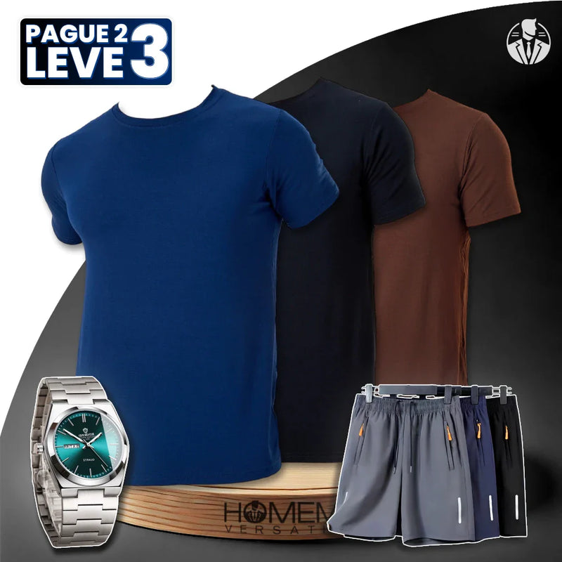 (Pague 2, Leve 3) Kit Camisetas Zavox Slim em Elastano e Viscose Macia + 3 Bermudas e Relógio GRÁTIS