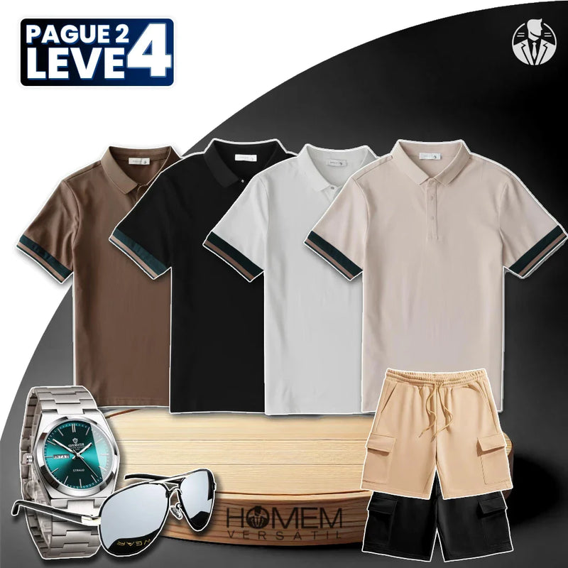 [Pague 2, Leve 4] Kit Camisas Polo Royal em Algodão + BRINDES: 2 Shorts Cargos, Relógio e Óculos